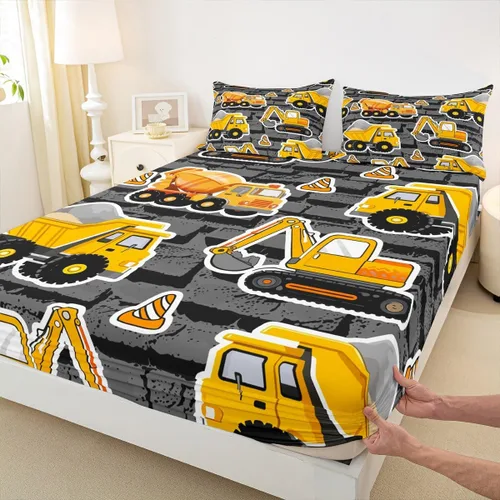 Miniatura 4 de Erosebridal Juego de ropa de cama de excavadora, sábana bajera ajustable de tractor para niños y niñas, juego de sábanas retro de camión de Patrón 43