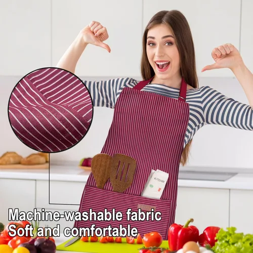 Miniatura 5 de BeLuyi Delantal con babero ajustable con 2 bolsillos, delantales de chef, cocina, cocina, restaurante para mujer, hombre Rayas de vino