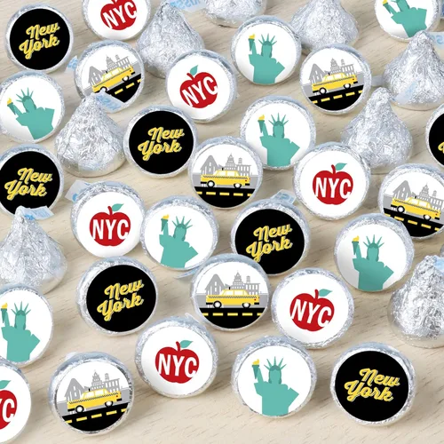 Big Dot of Happiness NYC Cityscape - Calcomanías redondas pequeñas de caramelo para fiestas de la ciudad de Nueva York, 324 unidades