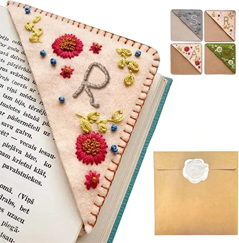 Miniatura 66 de Marcapáginas de esquina bordado a mano personalizado, 26 letras con costura a mano de fieltro, marcapáginas de esquina con bordado de flores lindo