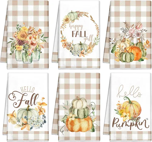 Miniatura 9 de Mixweer 6 toallas de cocina de Acción de Gracias, toalla de mano de calabaza blanca y negra de 16 x 24 pulgadas, diseño de búfalo de otoño a cuadros