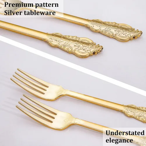 Miniatura 6 de WDF 100 tenedores dorados desechables, tenedores de plástico dorado de 7.48 pulgadas, cubiertos de plástico barroco para pastel de postre