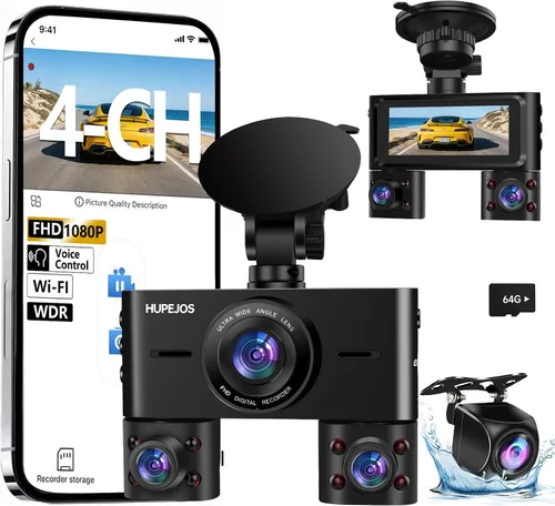 Cámara de tablero de 360° frontal y trasera en el interior, cámara de tablero de 4 canales para automóviles FHD 1080Px4, Wi-Fi integrado, pantalla