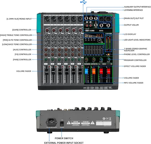 Miniatura 2 de Depusheng MX6 - Mezclador de sonido de 6 canales, consola de mezcla de audio 48V 256DSP profesional, USB, para PC, reproducción y grabación