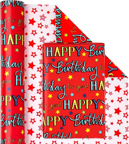 Miniatura 2 de WRAPAHOLIC - Papel de regalo reversible para cumpleaños - Mini rollo - 17 pulgadas X 33 pies - Diseño de letras "Feliz cumpleaños a ti" en rojo