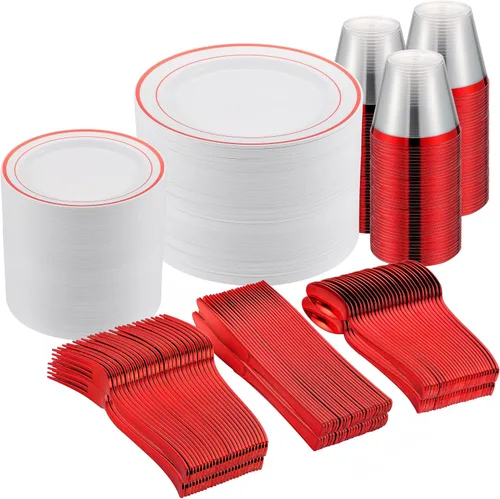 Miniatura 16 de Juego de vajilla de oro de 175 piezas para 25 invitados, platos desechables de plástico blanco con borde dorado resistentes para fiesta y boda