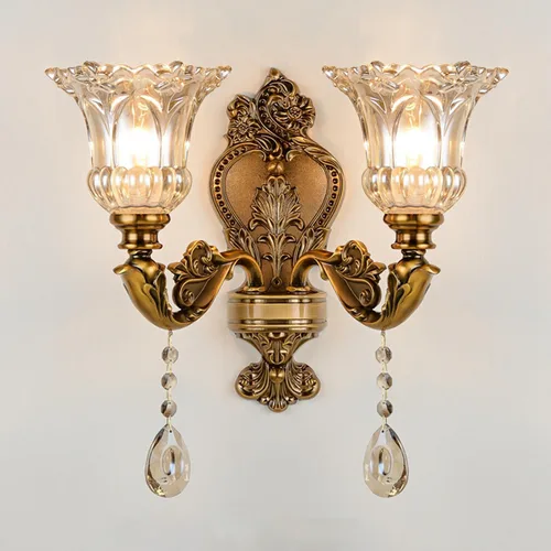 Apliques de pared dorados victorianos de 2 cabezales, luces florales de montaje en pared con pantalla de vidrio, apliques de cristal estilo vintage