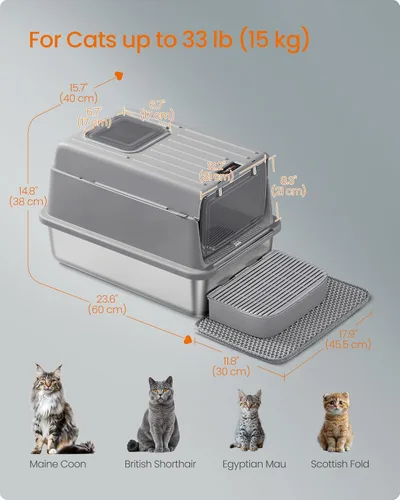 Miniatura 6 de Feandrea Caja de arena para gatos de acero inoxidable con tapa abatible, alfombrilla y caja, 2 puertas, cuchara, para gatos de hasta 33 libras, gris