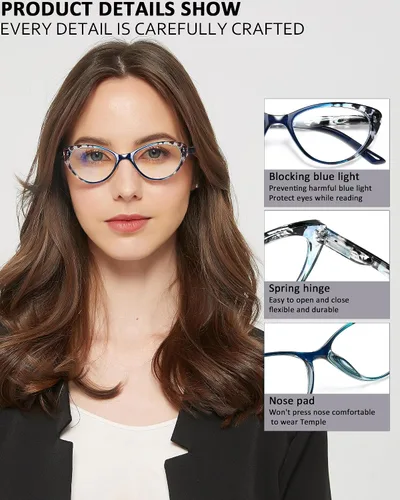 Miniatura 4 de EYEURL Gafas de lectura de ojo de gato para mujer, paquete de 2 unidades, con bloqueo de luz azul, para mujer, bisagra de resorte, patrón de moda +
