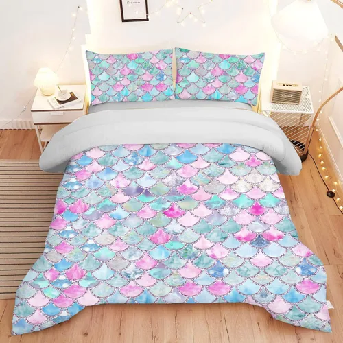 Miniatura 4 de MUSOLEI Juego de edredón de sirena para niñas, colcha de sirena con escamas arcoíris 3D, juego de ropa de cama twin duradero para niñas, juego