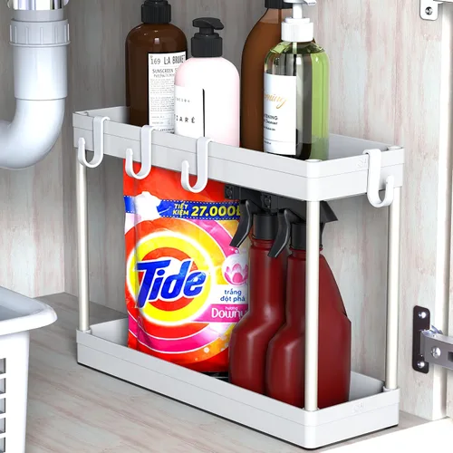 Miniatura 9 de Simple Houseware Bandeja organizadora de 2 niveles para debajo del fregadero con ganchos, color negro