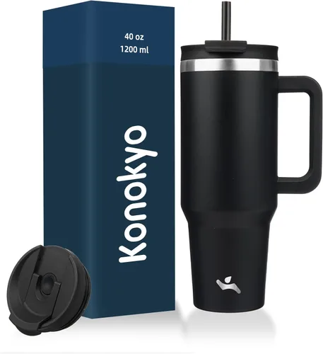 Miniatura 30 de Konokyo - Vaso de 40 onzas con asa y 2 pajillas, botella de agua aislada 2 en 1 con tapa. Taza de viaje de acero inoxidable para café, flores