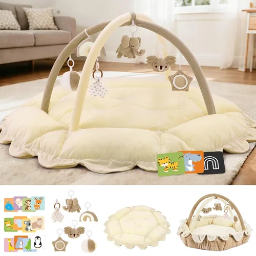 Tapete 5 en 1 para gimnasio y juego para bebé, con 6 juguetes colgantes, tapete para el tiempo boca abajo y tarjetas, almohadilla reversible lavable