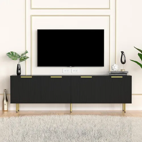 Miniatura 8 de Soporte de TV para TV de 80 pulgadas, soporte de TV acanalado para sala de estar, soporte de TV moderno de mediados de siglo con estante ajustable