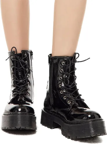Miniatura 4 de KEIIYJ Botines gruesos de combate con cordones de plataforma para mujer en negro (KEY1)