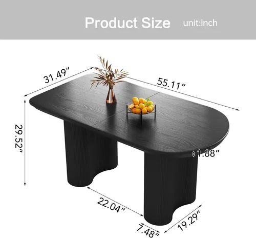 Miniatura 2 de Mesa de comedor negra de 55 pulgadas, una mesa rectangular de extremo redondeado con patas de diseño ondulado para cocina, comedor, oficina en casa
