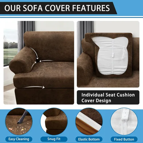 Miniatura 5 de Funda para Sofá en Forma de T de 4 Piezas - Fundas con Aspecto de Cuero para Sofá de 3 Cojines, Marrón