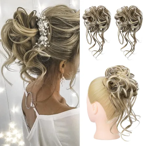 Miniatura 27 de HOOJIH 2 piezas de moño despeinado, recogido despeinado con mechones, extensiones de moño de cabello ondulado rizado, envoltorio de cabello, cola