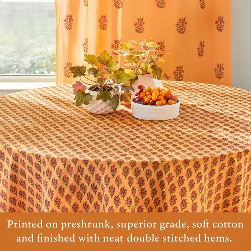 Miniatura 3 de Saffron Marigold Mantel redondo estampado a mano – Naranja indio verano lujoso 100% algodón, lavable, para decoración del hogar, cocina, café o mesa