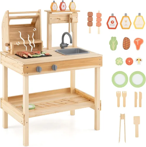 Miniatura 10 de Costzon Juego de parrilla para niños con ruedas, juego de parrilla de madera para niños con comida de juego, herramientas de parrilla y accesorios