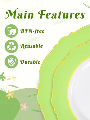 Miniatura 7 de WDF 150 platos verdes desechables, platos barrocos verdes y dorados, vajilla de plástico para 25 invitados, ideal para fiestas, primavera, picnic