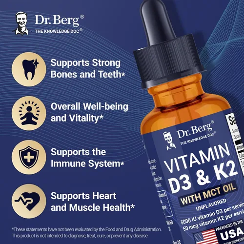 Miniatura 2 de Dr. Berg - Gotas líquidas de vitamina D3 K2 de máxima potencia con aceite MCT – 5,000 UI de vitamina D3 líquida con K2 – Apoya huesos fuertes