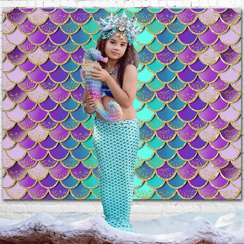 Miniatura 3 de Telón de fondo de sirena para decoración de cumpleaños infantiles, telón de fondo de fiesta de cumpleaños de sirena, fondo de fotografía de escamas