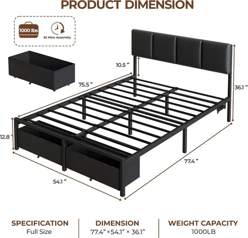 Miniatura 2 de Furnulem Base de cama de tamaño matrimonial con estación de carga y luces LED, cabecera tapizada de piel sintética, cama de plataforma de metal