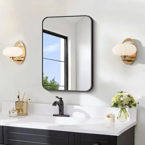 FORBATH - Espejo de baño negro para sobre lavabo, espejo de pared de 16x24 pulgadas con marco de metal, esquinas redondeadas para baño, dormitorio,