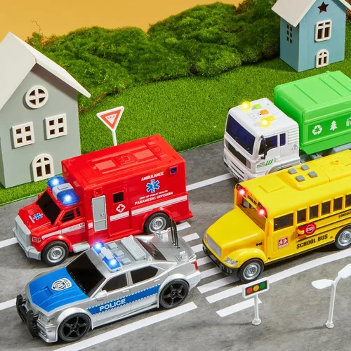 Miniatura 2 de JOYIN Juego de 4 piezas de vehículos de 7 pulgadas de largo, autos para niños pequeños con luces y sonido de sirena, incluyendo coche de policía