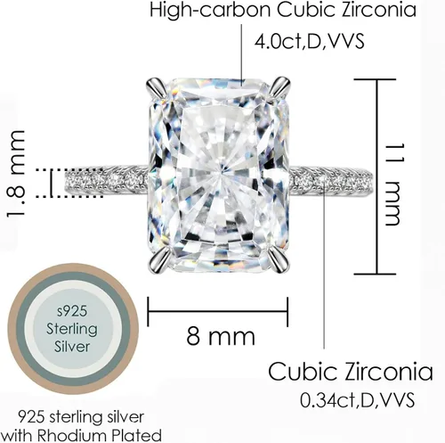 Miniatura 2 de michooyel S925 - Anillo de compromiso de circonita cúbica de corte radiante de 4 quilates anillo de compromiso de boda de plata de ley para mujer