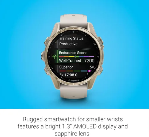 Miniatura 4 de Reloj inteligente multideporte Garmin Fenix 8 Premium con GPS para correr, 43 mm AMOLED, clasificado para buceo, linterna incorporada Oro suave
