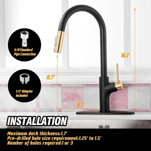 Miniatura 5 de Achelous Grifo de cocina negro y dorado con rociador magnético extraíble, grifos de fregadero de cocina de acero inoxidable extraíbles rv, de una