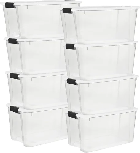 Sterilite - Paquete de 8 cajas ultra de cierre con pestillo, contenedores de almacenamiento con tapas, plástico transparente, 70 cuartos de galón -