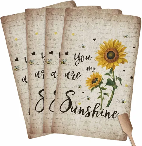 Miniatura 20 de Toallas de cocina rústicas de girasol, papel de periódico retro marrón rústico de microfibra absorbente para platos de cocina, toalla de baño