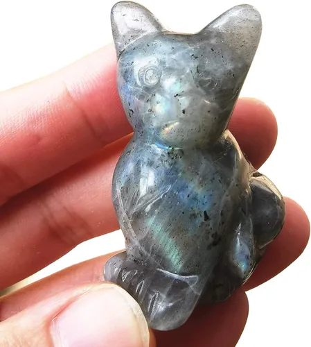 Miniatura 14 de 2 piezas de cristales de labradorita negra natural y piedras curativas, figuras de gato de la suerte talladas en bolsillo, coleccionables de 1.5