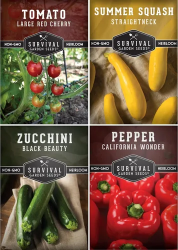 Survival Garden Seeds Kabob Skewer Vegetables Collection - Tomate cereza rojo grande, calabacín negro de belleza, calabaza de verano de cuello recto