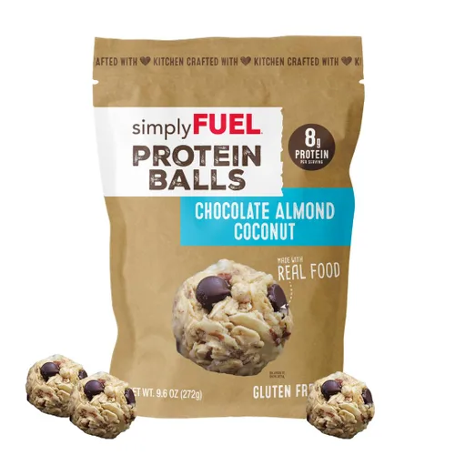 simplyFUEL - Bolas de proteína de alimentos integrales con probióticos, bocadillos de chocolate y almendras y coco, 0.28 oz de proteína, bolas