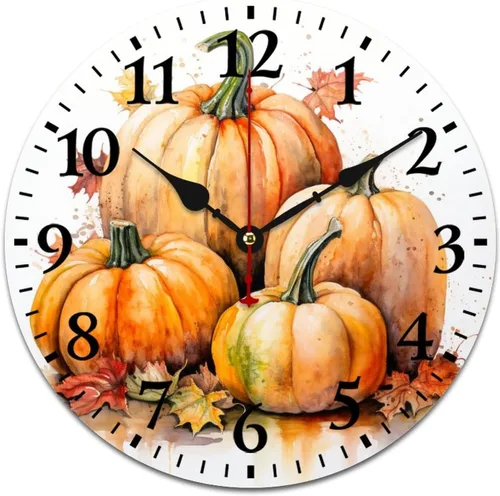 Reloj de pintura de tinta acuarela amarillo verde calabazas hojas redondo creativo reloj decorativo sin tictac Acción de Gracias o Halloween reloj