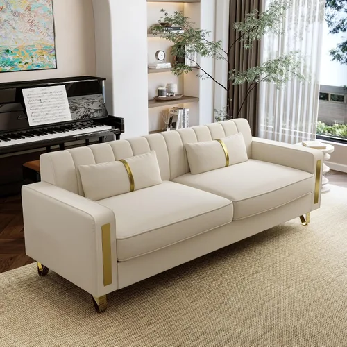 Miniatura 4 de Sofá de dos plazas para sala de estar, sofá de terciopelo beige de 86 pulgadas con 2 almohadas y patas de metal dorado, sofá tapizado moderno sofá