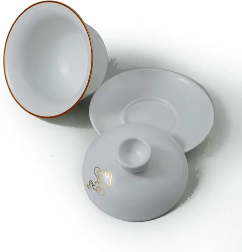 Miniatura 7 de Liang baobao Gaiwan - Taza de té de porcelana de 8 onzas, color blanco esmaltado con borde dorado, sopera china de gongfu, taza de té de gongfu