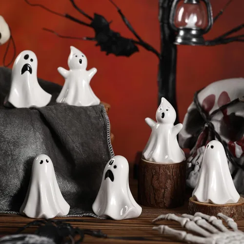 Domensi 6 piezas de figuras blancas de cerámica de fantasma, estatua de fantasma, decoración espeluznante de Halloween, decoración de estatua
