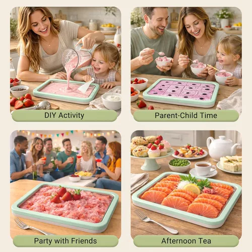 Miniatura 4 de Rolled Ice Cream Maker 10.24'' x 8.24'' w/Lid and 2 Spatulas, SUS 304 Home DIY Instant Ice Cream Tray for Soft Serve, Slushies, Frozen Yogurt