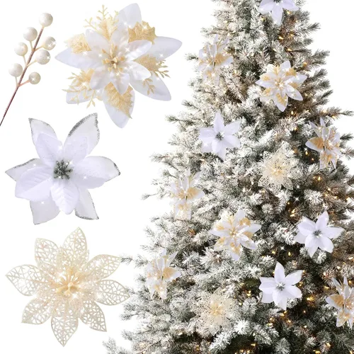Miniatura 11 de Floweroyal 30 piezas Flores de Pascua Artificiales de Navidad Decoraciones con Clips y Tallos de Bayas Adornos con Purpurina para Árbol de Navidad