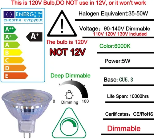 Miniatura 2 de mr16 120 V regulable 5 W blanco cálido 2700 K foco foco lámpara halógena 50 W reemplazo para foco de luz de seguimiento (120 V regulable 5 W 2700 K)