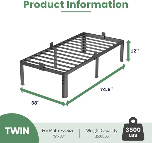 Miniatura 2 de NKZ Base de cama individual de 12 pulgadas, plataforma de metal resistente con patas de esquina redondas, soporte de listones de acero resistente