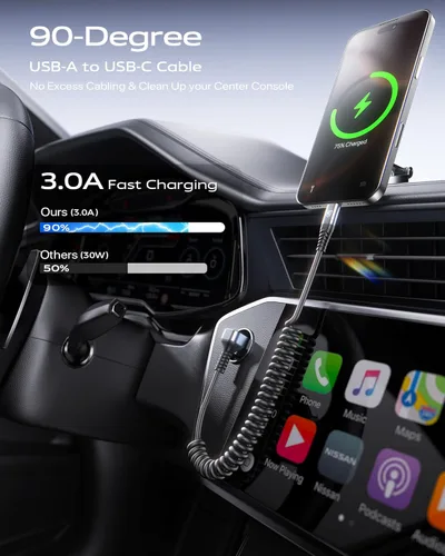 Miniatura 6 de Cable USB A a USB C de 90 grados, paquete de 2 cables USB tipo C en espiral de 3 pies para automóvil, cable de carga rápida USB-C compatible