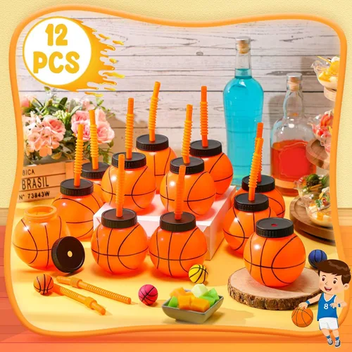 Miniatura 4 de Nuanchu 12 juegos de tazas de baloncesto de 14 onzas con pajitas y tapas, regalos de fiesta de baloncesto de plástico a granel reutilizables