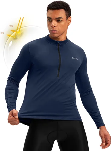 Miniatura 2 de Maillot de ciclismo para hombre con 3+1 bolsillos traseros con cremallera, manga larga, absorción de humedad, UPF 50+ media cremallera