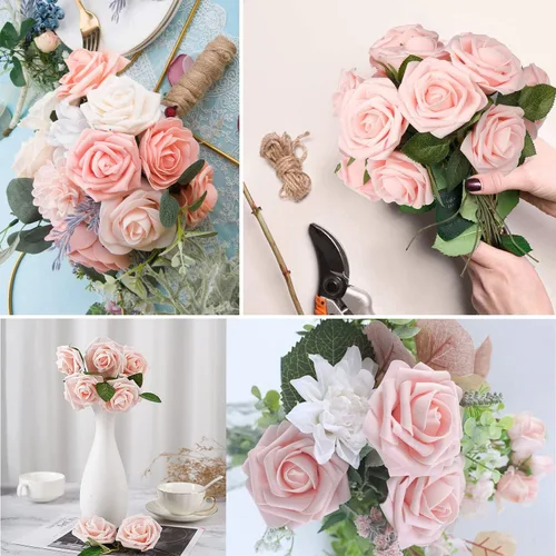 Miniatura 7 de Higfra Flores artificiales, 25 rosas falsas de espuma de aspecto real con tallos para ramos de boda, centros de mesa de despedida de soltera, Brillo